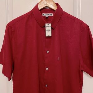 NWT! 🏷 Express Men’s Short Sleeve Red Linen Blend Button Up - SZ LG